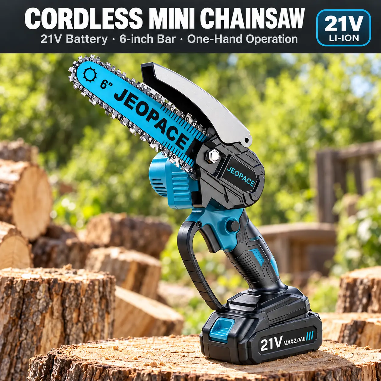 JEOPACE 21V Cordless Mini Chainsaw - 1-Handed Electric Chainsaw with 6-in Guide Bar, 2.0Ah Battery, Portable Handheld Tool for Tree Pruning, Firewood Cutting, Gardening