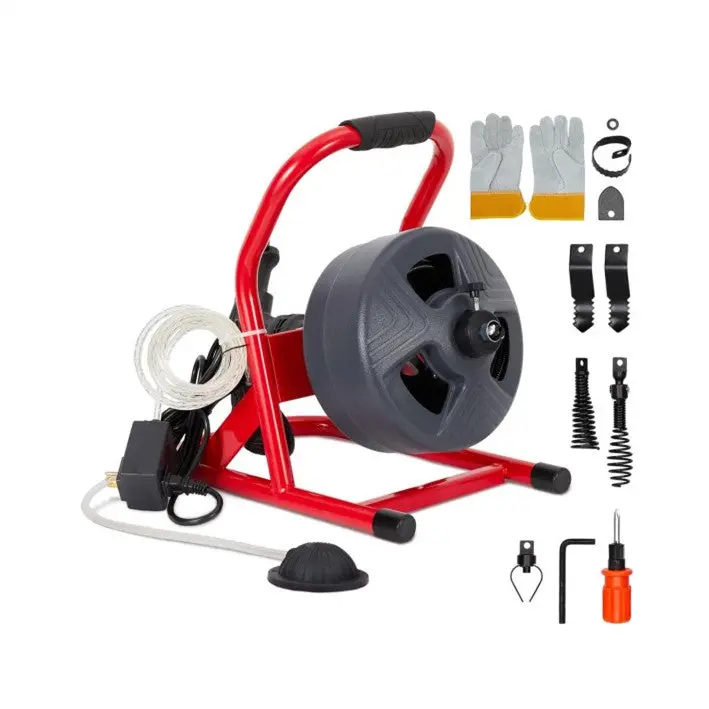 GARVEE Drain Cleaner Machine, 50 Ft X 5/16 Inch Professional Automatic Electric Drain Auger for 3/4 to 3 Inch Pipes, Portable Electric Drain Snake with 6 Cutters & Foot Switch and Pair of Gloves