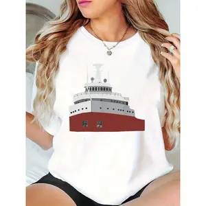 Women's White T-Shirt with 'The Big Fitz' Ship Graphic, Casual Nautical Tee for Daily, Vacation, or Beach Wear