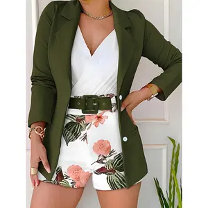 Women's 2-Piece Floral Print Blazer Shorts Lady Clothes Set - Elegant Single-Breasted Lapel Neck Long-Sleeve Blazer, Vibrant Floral Print Regular-Fit Shorts