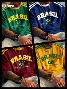 Brazil Football Fan Jersey World Cup Short Sleeve Shirt, Trendy Sports Style, Breathable Quick-Dry Soft Fabric, Casual Long Fit Tee, Sports Clothing