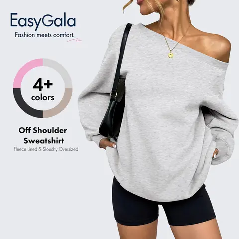 EASYGALA Women's Basic Off-Shoulder Cotton Sweatshirt - Loose-Fitting Plain Slouchy Oversized Asymmetrical Long-Sleeve Fleece-Lined Pullover Hoodie, Minimalist Sporty Casual Comfy Top, back to school shopping,#sohochic