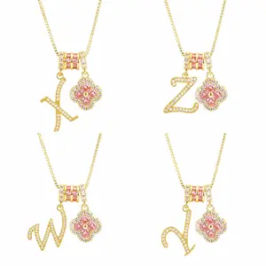[LeBijouLab] Summer Vibe Pink Initial Letter w/ Clover Charm Necklace for Women | Dainty Pink Clover + Initial Letter Necklaces | Stackable Golden Chain | Valentine's Gift