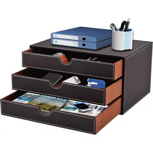 PU Leather Desk Organizer with 3 Drawers,Executive Office Supplies Desktop Filing A4 File Cabinet/Holder for /Bill/Paper/Documents/Makeup  Decor Stationery Storage Box,Brown