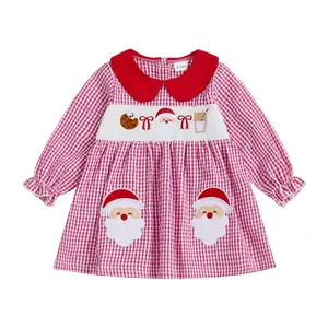 Toddler Baby Girl Christmas Dress Santa Embroidery Dresses Long Sleeve Doll Collar Kids Smocked Christmas Dress