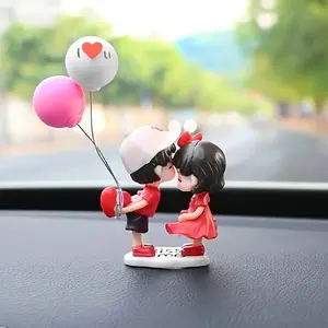 Cute Kissing Couple Car Dashboard Ornament, Lovey-Dovey Figurine with Heart Balloons, Abs Material, Vehicle Decoration Accessory, Car Interior Decoration