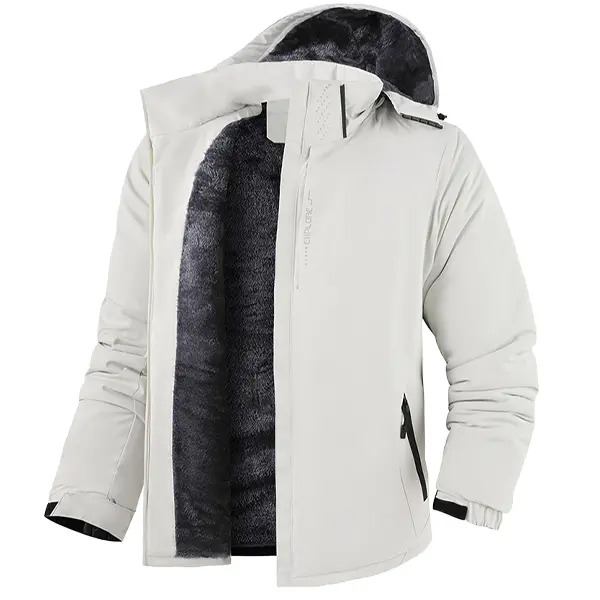 Men's Fitted Softshell Jacket with Hood, Long Sleeve Thermal Fleece Lined Outdoor Coat for Autumn Winter Sports, Ivory White, Thermal Lined Jacket