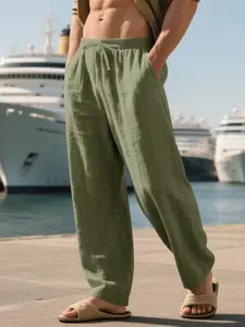 Men's casual trousers, linen drawstring double-pocket solid color trousers, fashionable and casual, classic and versatile, can be matched casually without looking bulky, Casual Plain Trousers