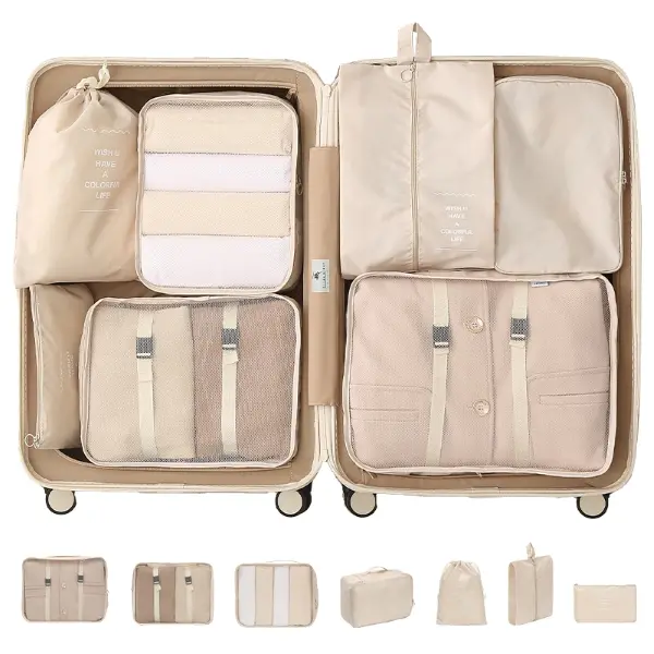 7-Piece Packing Cubes Set for Suitcases Lightweight Nylon Organizer Bags for Travel Essentials with Various Sizes and Designs Durable Easy to Carry