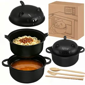 Playful Wheat Straw Large Ramen Bowl Set, Cute Pig Microwavable Noodle Cooker Bowl with Lid Strainer Spoon Chopsticks Fork Dorm Home Gift