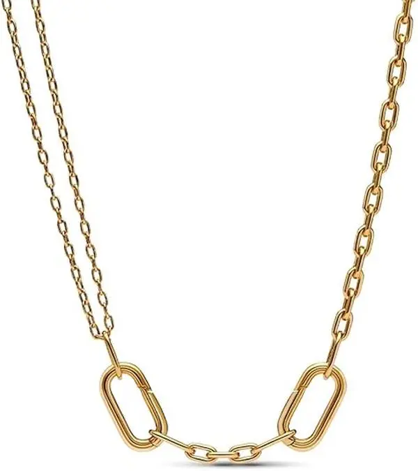 PANDORA ME 14kt Gold-Plated Double Link Chain Necklace, Grooved Openable Styling Connectors, Customizable Length for Meaningful Medallions & Mini Dangles, Grooved Lines, Female, Adults, Daily, No Warning Applicable, Silver Necklaces & Pendants, Me Series,