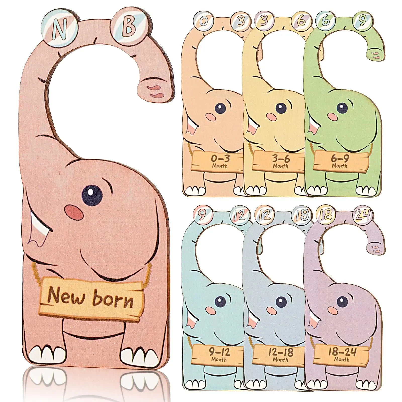 7-Piece Wooden Elephant Baby Closet Dividers, Adorable Macaron Style Clothing Size Storage, New Mom Baby Shower Gift