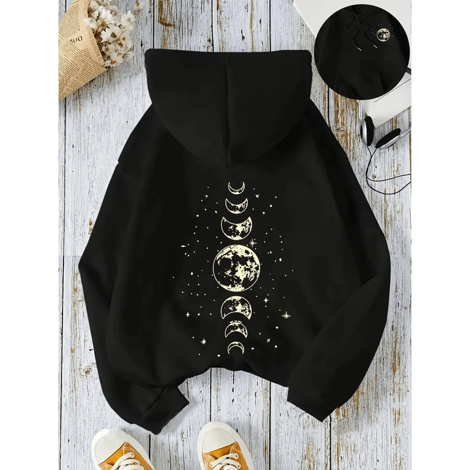 Moon Print Kangaroo Pocket Casual Long Sleeve Drawstring Hooded Womens Hoodies Suitable For Fall Winter Casual Style Comfortable Outerwear