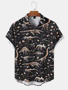 Vintage Dinosaur Bones Hawaiian Shirt Menswear, Stylish Shortsleeve Button Aloha Top, Casual Classic Tropical Graphic Streetwear Polyester