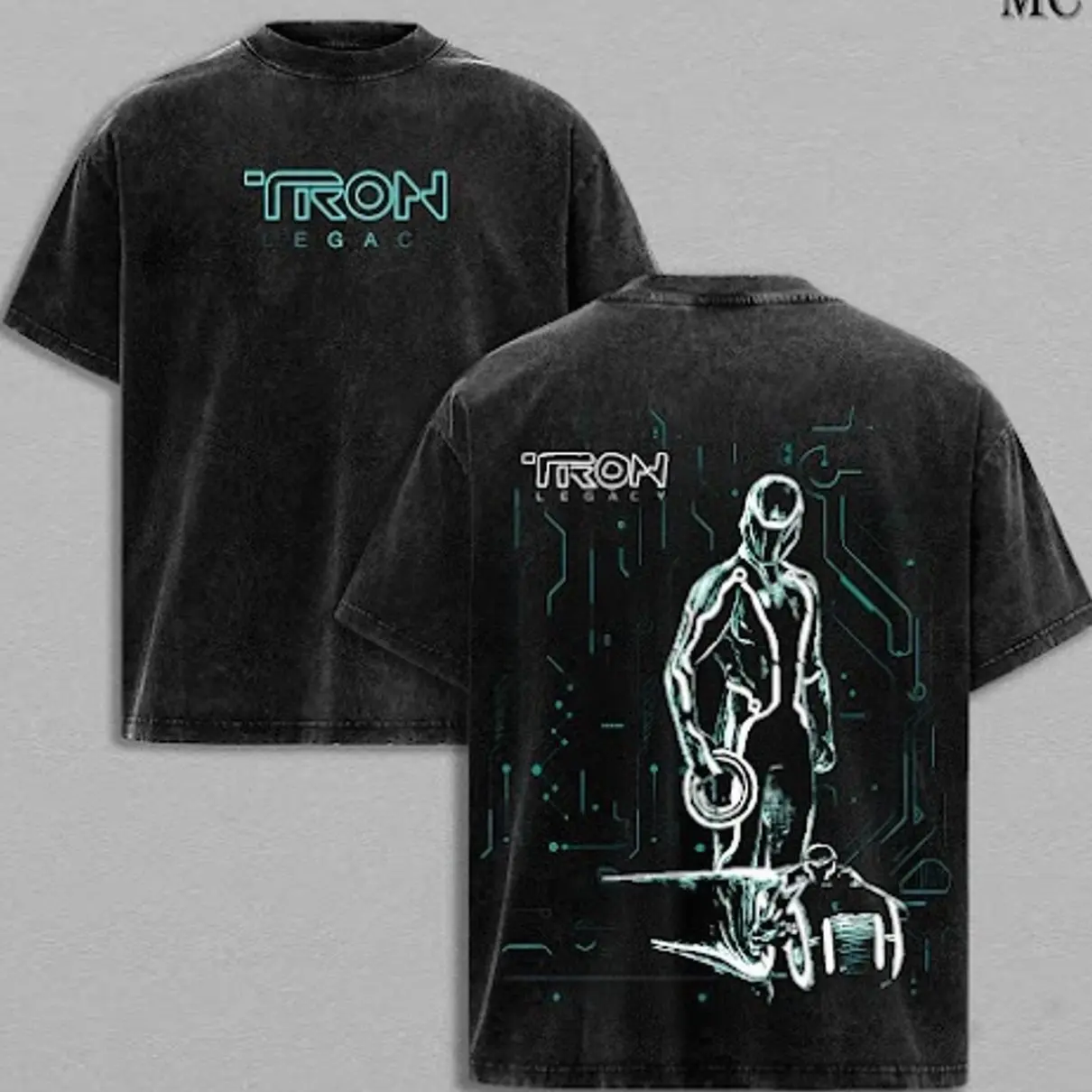 TRON Legacy Inspired Tee � Cyber Grid Warrior Design, Vintage Acid Wash Oversized Heavy Cotton T-Shirt, Futuristic Lightcycle Graphic Streetwear for Movie Fans AQC