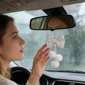 Full Diamond Bow Ball Car Hanging Ornament, Rearview Mirror Decoration, Luxurious Car Interior Accessory, Car Interior Ornaments, Car Accessories, Car Decorations Interior, Three Colors Available