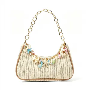 Straw Seashell Purse for Women Beach Beaded Handbags Ladies Summer woven Armpit Bag with Chain Handle for Vacation