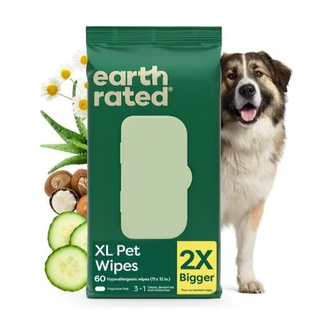 Earth Rated XL Pet Grooming Wipes 3-in-1 Hypoallergenic Cleaning, Deodorizing & Hydrating for Dogs & Cats, 60 Count Unscented
