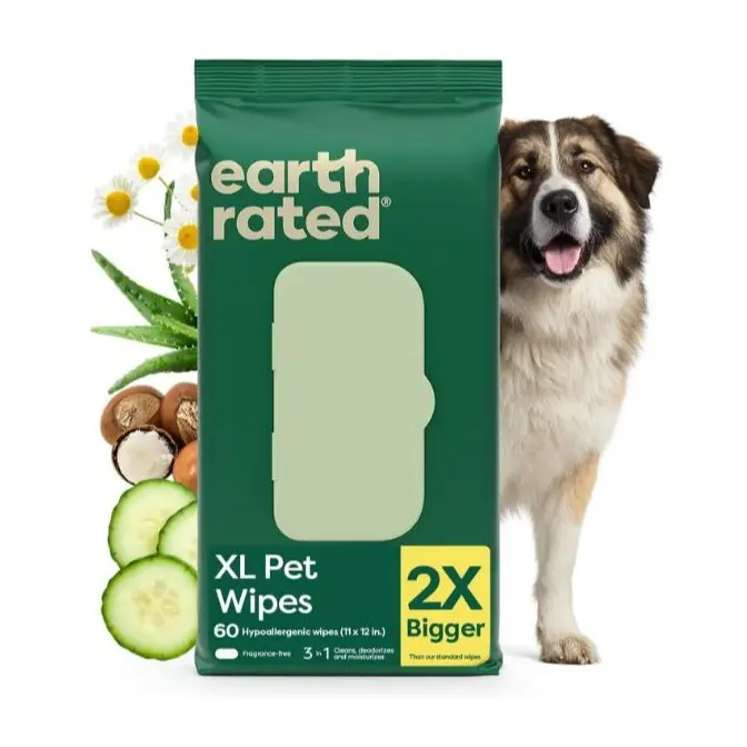 Earth Rated | XL Pet Grooming Wipes 3-in-1 Hypoallergenic Cleaning Deodorizing & Hydrating for Dogs & Cats 60 Count Unscented Removal Wet 2X Bigger