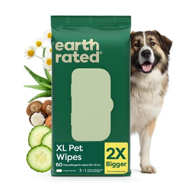 Earth Rated XL Pet Grooming Wipes 3-in-1 Hypoallergenic Cleaning, Deodorizing & Hydrating for Dogs & Cats, 60 Count Unscented