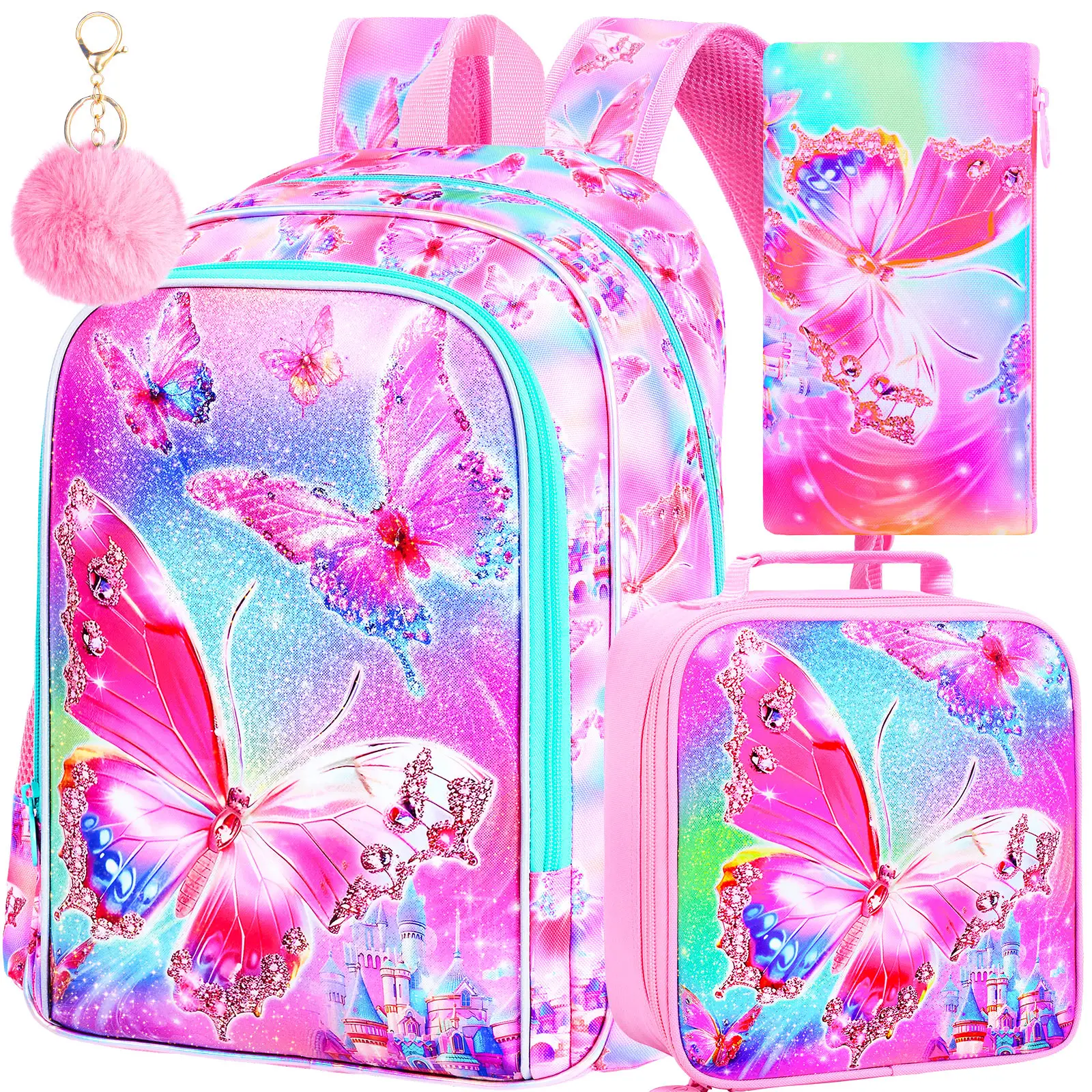 3PCS Kids Butterfly Backpack, 16" Girls Bookbag with Lunch Box, Water Resistant School Bag for Elementary Preschool Toddler
