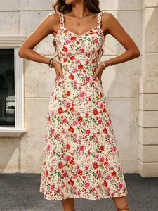 Summer Sexy Cami Dress, Sleeveless Midi Dress with Backless Design, Boho Style Floral Pattern, Fitted Waist, Side Split, Beachwear, Casual Wear, Bohemian, Womenswear