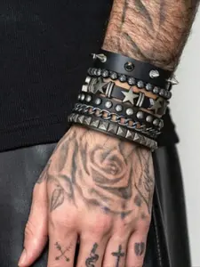Punk Rock Leather Bracelet Set for Men, Gothic Spiked Studded Cuff Wristband, Vintage Star Chain Wrap Bracelet, Punk Jewelry for Biker Party, Stackable Bracelets