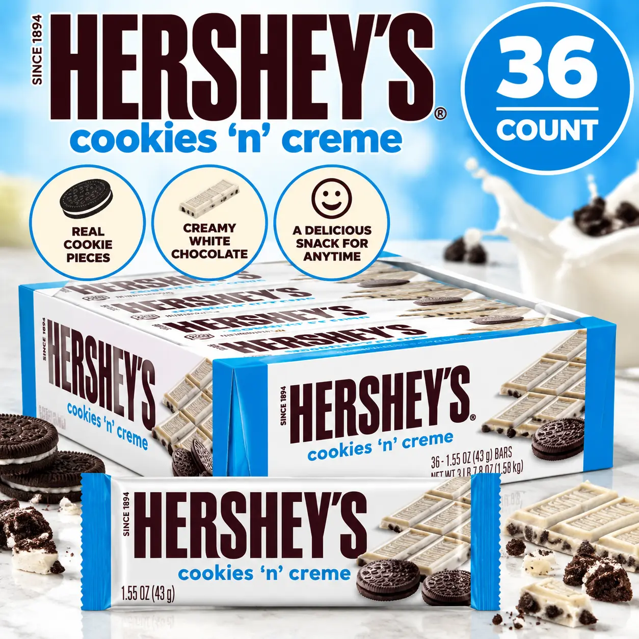 Hersheys Cookies n Creme Chocolate Bar 1.55 oz 36 Count White Creme Cookie Candy Bars