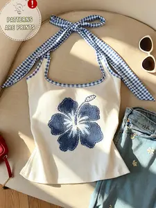 Cream White Ribbed Halter Tank Top, Blue Gingham Tie Neck Cami, Hibiscus Flower Print Sleeveless Camisole, Y2K Coquette & Preppy Aesthetic Slim Fit Top for Women, Soft Stretchy Fabric, Cute Retro Summer Style, Ideal for Casual Daily & Going Out Wear
