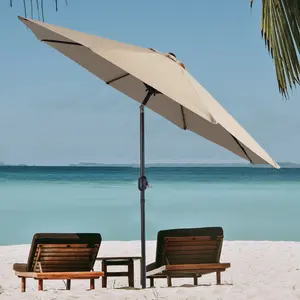 PHI VILLA 9ft Manual-Tilted Outdoor Patio Umbrella with Crank Handle, 8 Steel Ribs, Beige, Orange Red, Navy Blue, UV-Friendly Fabric Parasol