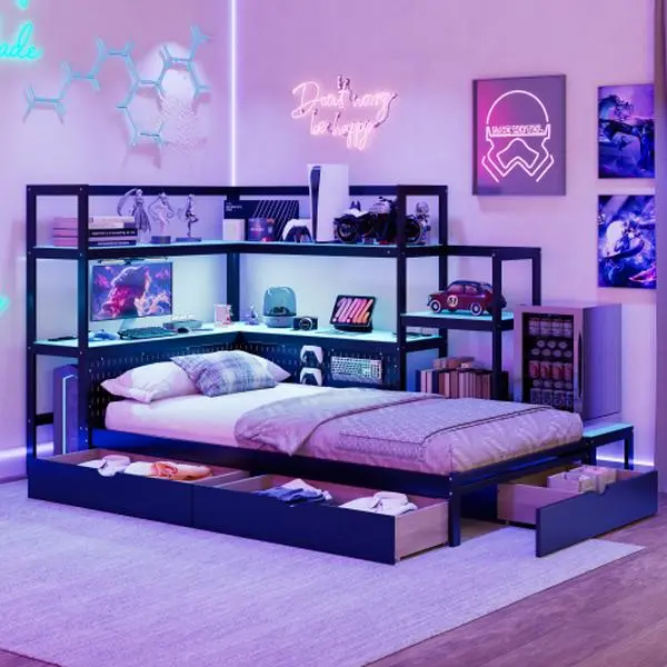 Contemporary Twin-Size Short Indoor Gaming Daybed Frame - LED Light, Built-In USB Ports, Charging Station, Storage Drawers, Compartments, Interchangeable Guardrails, Headphone Pegboard, Space-Saving Modern Bedroom Solution