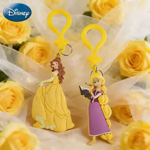 1PC Disney Princess Keychain Officially Licensed Collectible Belle Rapunzel Gorgeous Gown Dress Anime Peripheral Backpack Decoration Car key Pendant Desk Ornament Durable PVC Rubber Gift