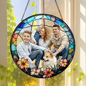 Custom Stained Glass Photo Suncatcher – Personalized Family Portrait Window Hanging, Unique Memorial & Housewarming Gift
