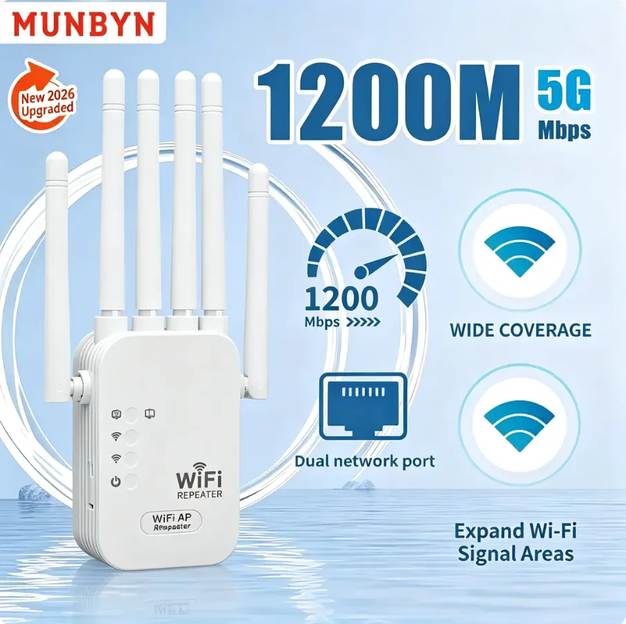 【MUNBYN 2026 WiFi Extender】 - 6-Antenna 1200Mbps Dual Band 2.4G/5G Signal Booster, Ethernet Port, 10,000 sq.ft Coverage, WPA/WPA2 Secure, Connect Up To 50 Devices, Fix Home WiFi Dead Zones