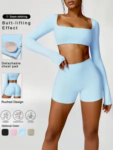 Women's Yoga Set, Square Neck Long Sleeve Top & High Waist Shorts, Slim Fit Elastic Wrap Design, Sportswear for Gym, Gym Training Pilates Casual Wear