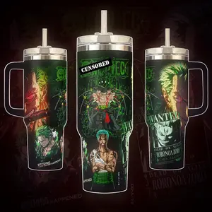 Stainless Steel Insulated Tumbler With Handle Straw Lid 20oz 40oz Travel Mug – Zoro - OPiece “Nothing Happened” Wanted Poster Anime Wrap Design