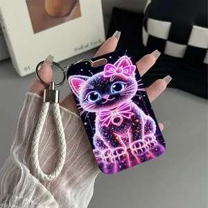 Neon Sparkle Kitty Pattern Design Plastic Id Card Holder Id Badge Holder With Lanyard for Doctors, Nurses, Students-Bus Card Case, Campus Card Protector Perfect Halloween Christmas Gift