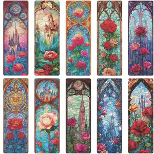 10 Pcs Stained Glass Rose Castle Bookmarks, Aesthetic Transparent PVC Flower Book Mark Set, Matte Frosted Bookmark Gift for Women Girls Readers and Bookworms