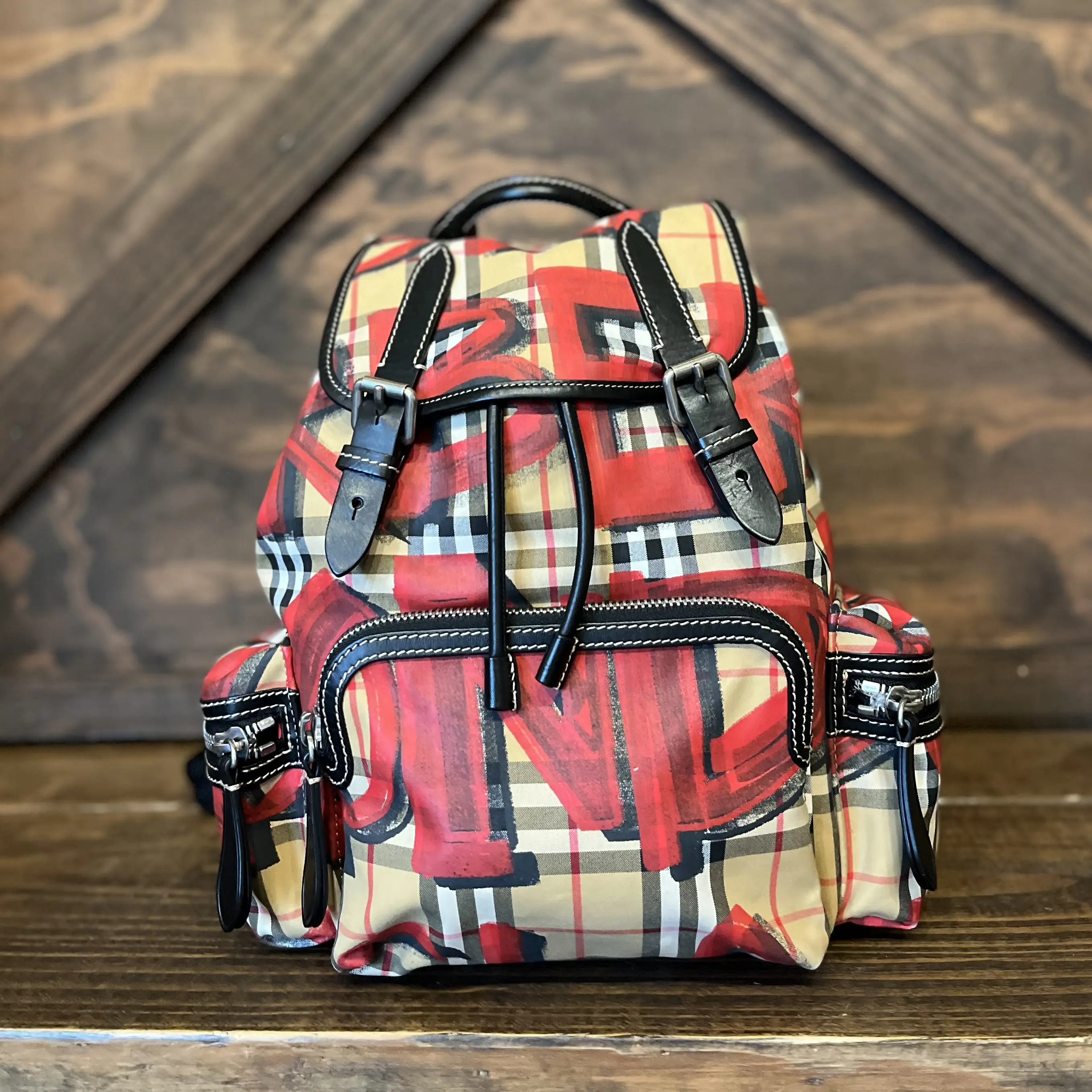 Pre-owned BURBERRY nylon Backpacks Large Vintage Check Graffiti Print Red Rucksack Backpack