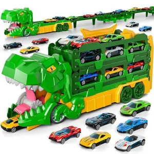 Dinosaur Truck Toy Set, Foldable Transport Toy Set with 12 Die-Cast Cars, Car Track, Forward Slide Function & High-Quality Design, Ideal Birthday/Christmas Gift for Ages 6-8