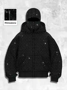 Men Street Style Rhinestone Hooded Sweatshirt Casual Pocket Zip Fall Winter Geometric Pattern Fitted Long Sleeve Streetwear 2026 Cozy