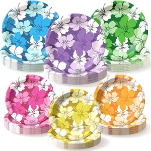 OuMuaMua 100pcs Tropical Hibiscus Party Paper Plates, 7 and 9 inch Hawaiian Disposable Plates for Summer Party Luau Table Decorations Hawaiian Pool Party Supplies Beach Aloha Birthday Decorations