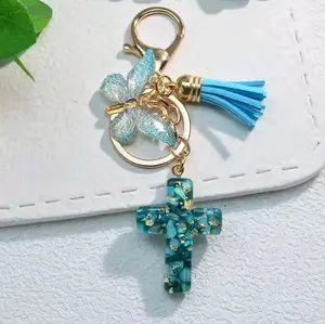 Cross Butterfly Keychain Cute Resin Christian Keyring with light blue Tassel Key Accessories Gift for Her 4.5 Inches Compact Stylish Design