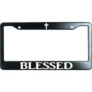 Blessed with Cross Logo Matte Black Stainless Steel License Plate Frame for Christian, Jesus/God Auto Car Tag Frame, Heavy Duty License Plate Cover Holder, 2 Holes with Screws summerwins