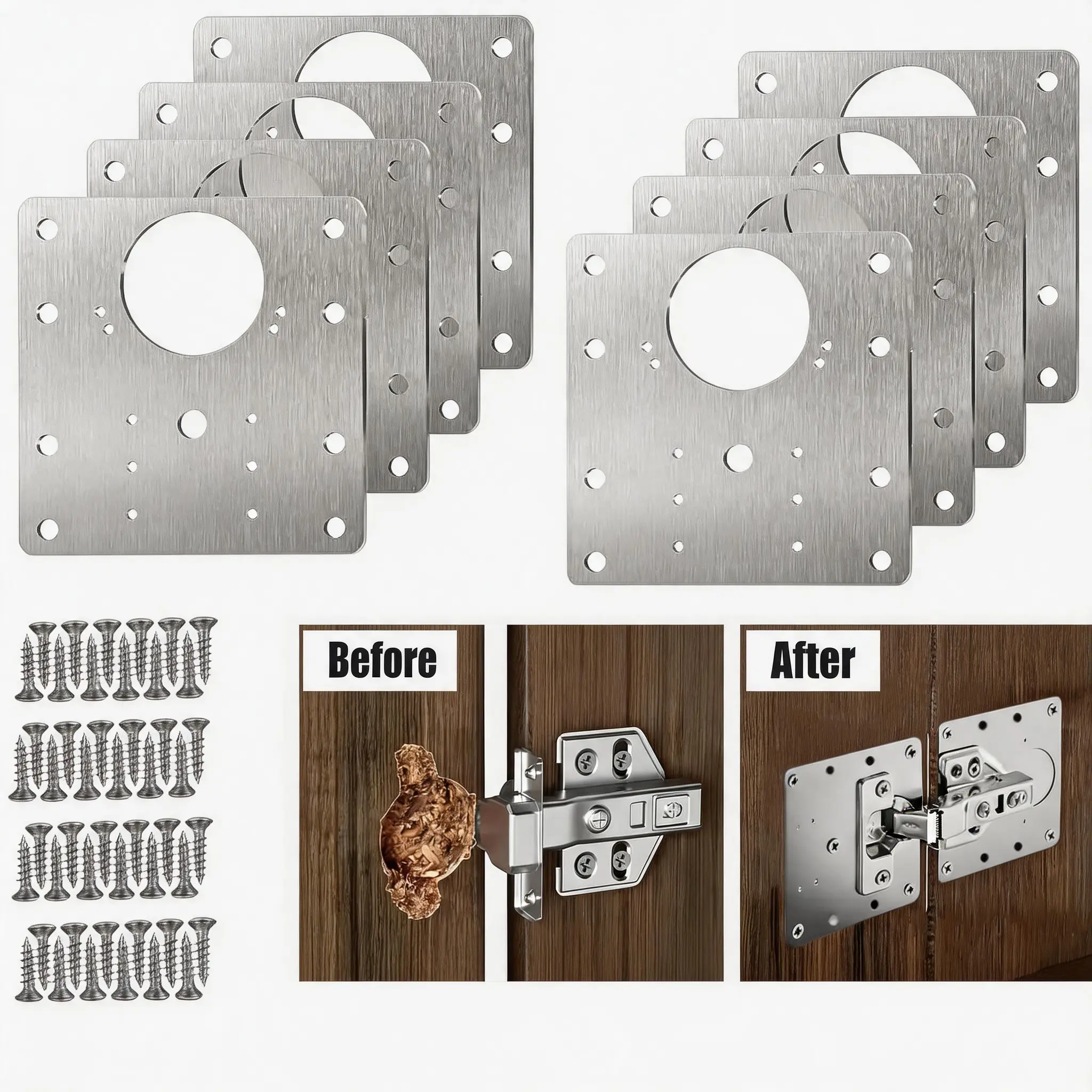 Stainless Steel Hinge Repair Brackets - 8 PCS Reinforcement Plates for Kitchen Cabinet Door Repair, Easy Installation Hinges That Enhances Kitchen Cabinets