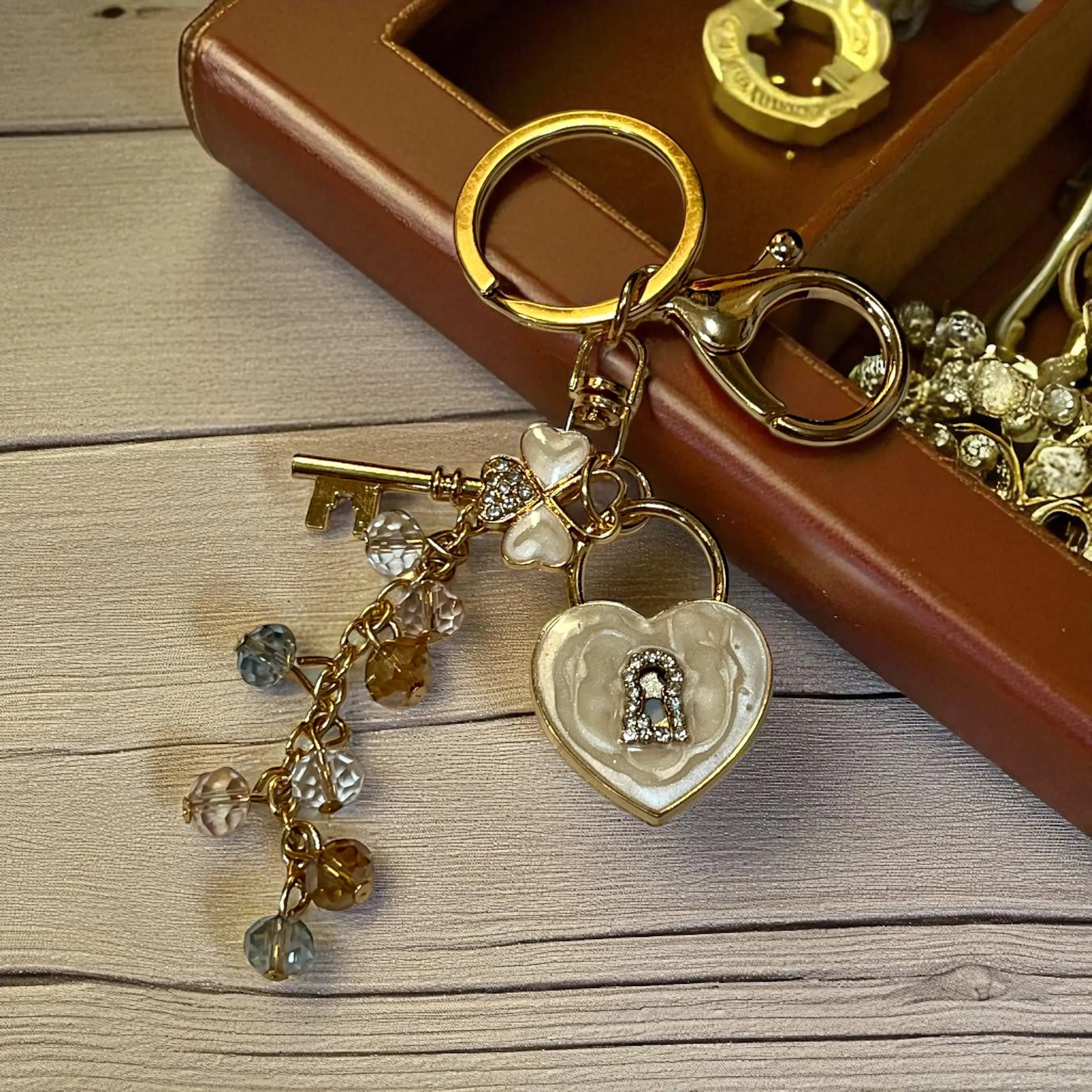 Heart Lock and Key Keychain: Sparkling White Jewels - Lightweight Accessory