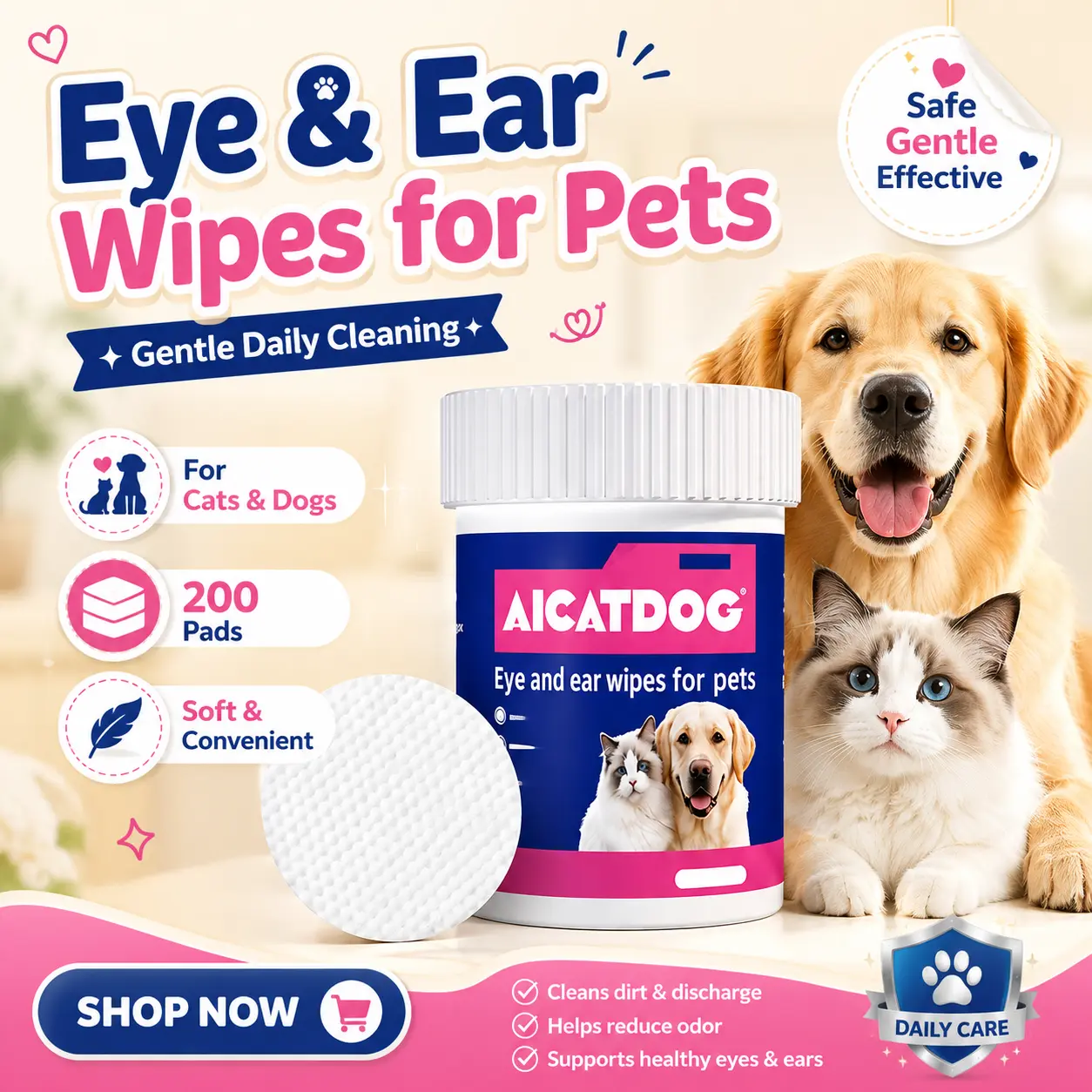 LOVE PET PROSPER Pre-Moistened Pet Eye & Ear Wipes for Dogs & Cats, 200 Round Soft Pads for Gentle Daily Cleaning, Cleans Dirt & Discharge, Tear Stains & Ear Wax | COD, Pre-Moistened Pads, Safe & Gentle