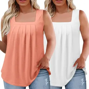 2 Pack Loose Fit S-3XL Summer Sleeveless Tunic Tank Tops Square Neck Pleated Tops for Women 2 Pack Loose Fit S-3XL Summer Sleeveless Tunic Tank Tops Square Neck Pleated Tops for Women