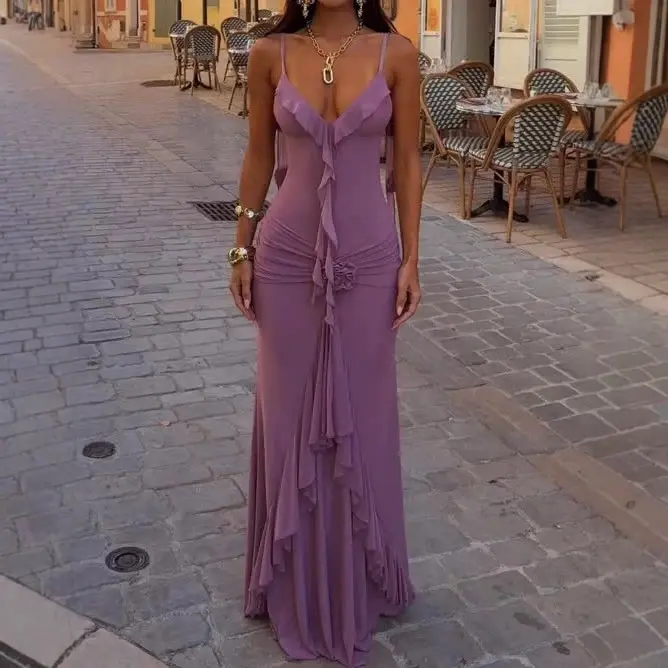 Purple Deep V Ruffle 3D Flower Spaghetti Strap Mermaid Maxi Dress