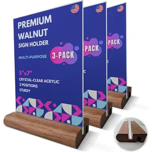 Sign Holder 5x7" [3-PACK] | Walnut  Base and -Clear  Frame: Double-Sided Tabletop Display. Menu Holder, Picture Frame, Store Sign, Display Stand or Booth Display.